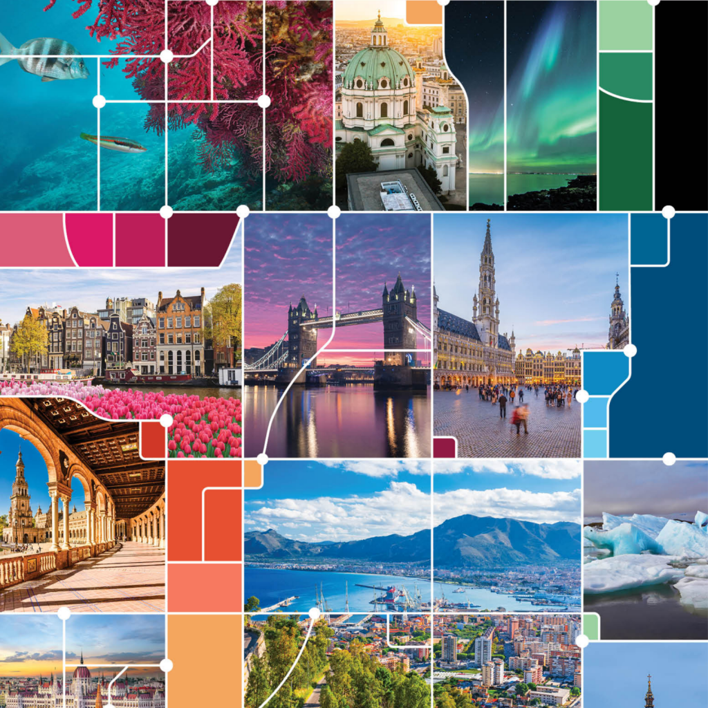 Featured image for Europe campaign various photos of european cities with map graphic